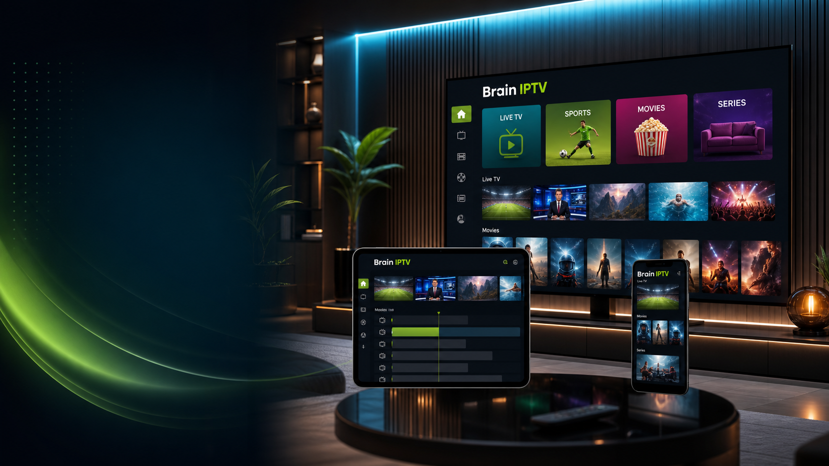 Brain IPTV app on smart TV, tablet and phone