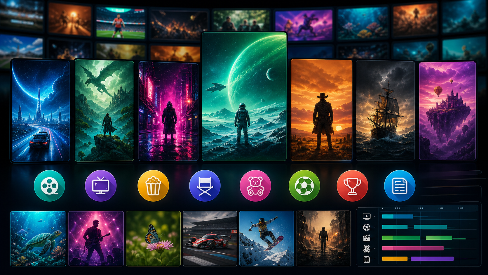 Colorful movie and program library collage